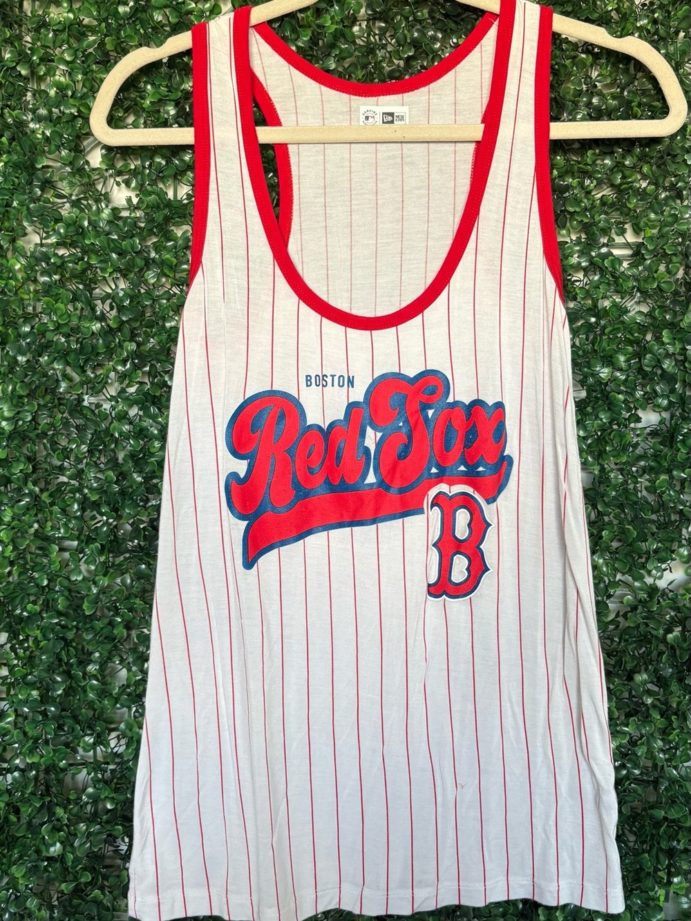 MLB Boston Red Sox White Tank Top with Red logo and pin stripes